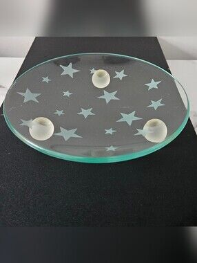 Glass Candle Dish w/ Frosted Etched Stars & Tripod Orb Feet